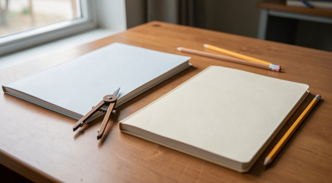 Two country folders, a passport-sized map and an invoice ledger on a desk