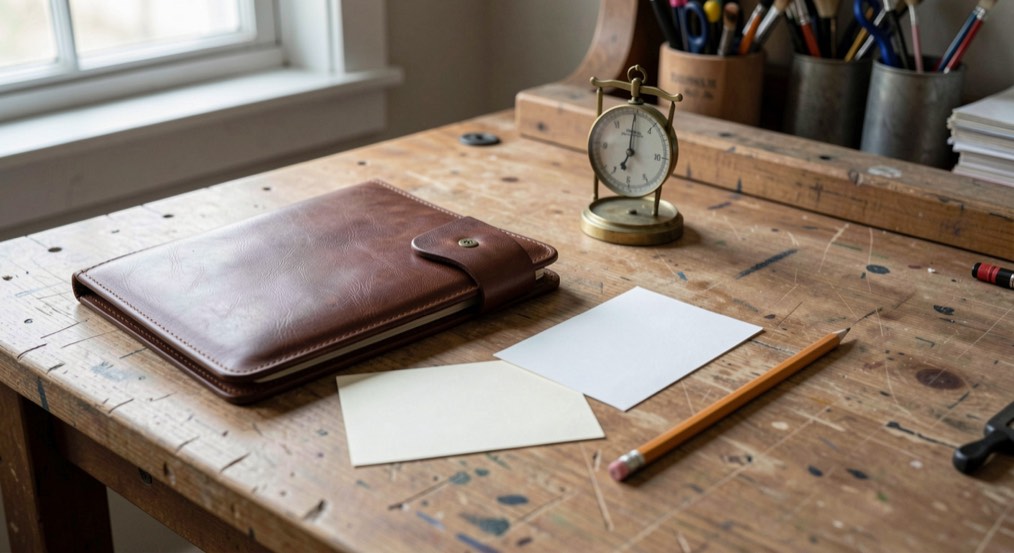 A closed case folder, a weighing scale and a route note on a worktable