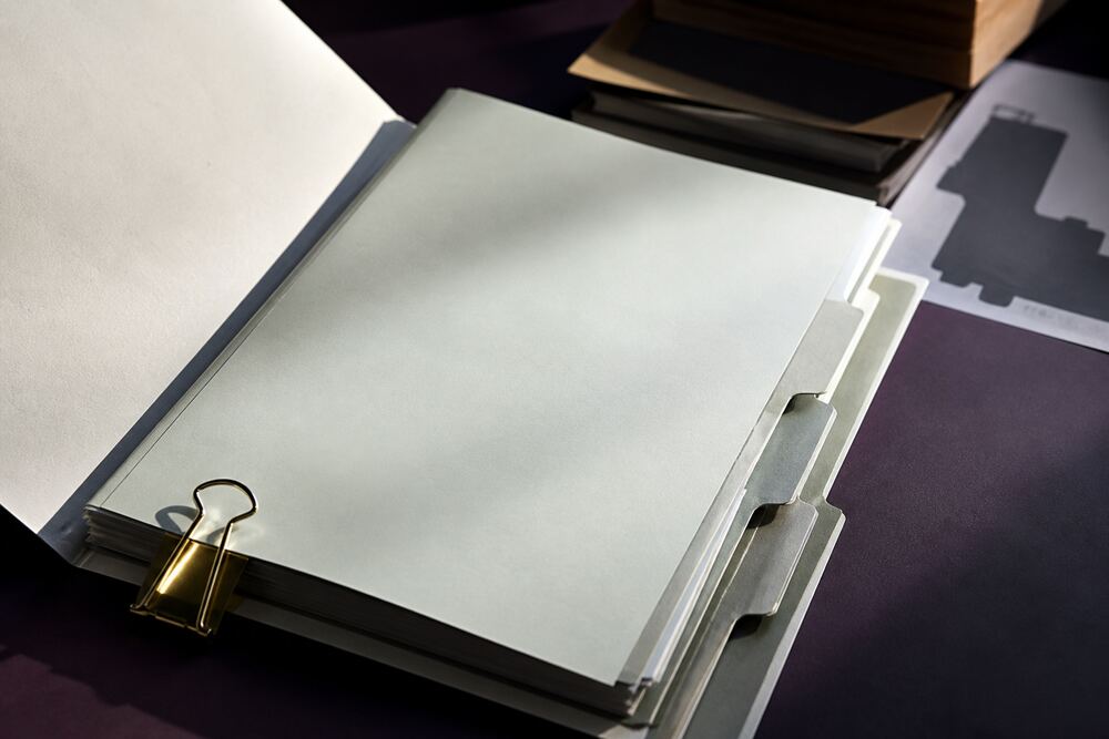 Blank evidence file with dividers and a brass binder clip