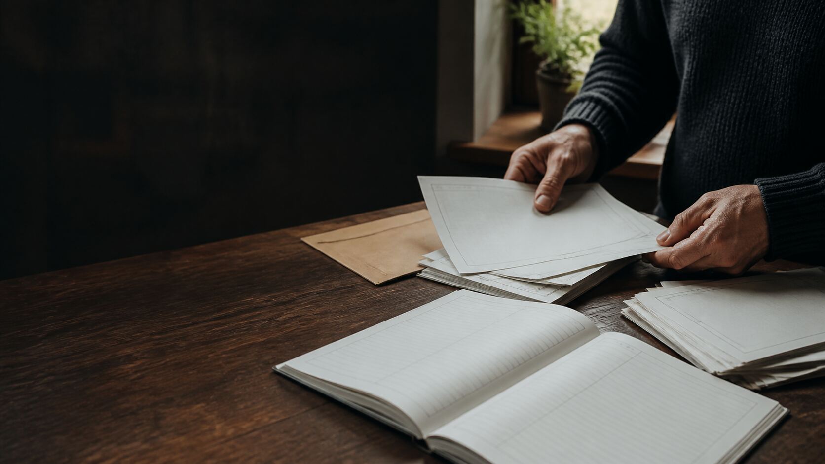 Hands arranging blank invoices and a ledger on a wooden desk