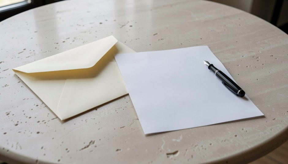 A sealed payment reminder envelope beside a dated notebook and a fountain pen