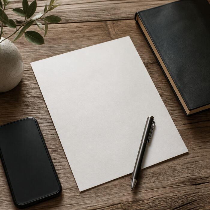 Blank source note, folder and pencil under a desk lamp